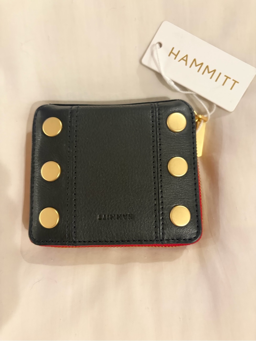 Hammitt Black Leather Zip Wallet with Gold Stud Accents and Red Trim
